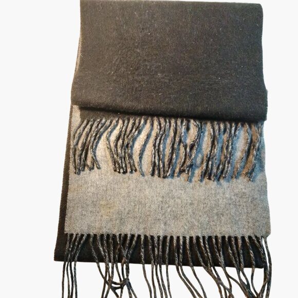 Alashan Reversible Wool Scarf Fringe Black Gray Merino Cashmere - Picture 5 of 6